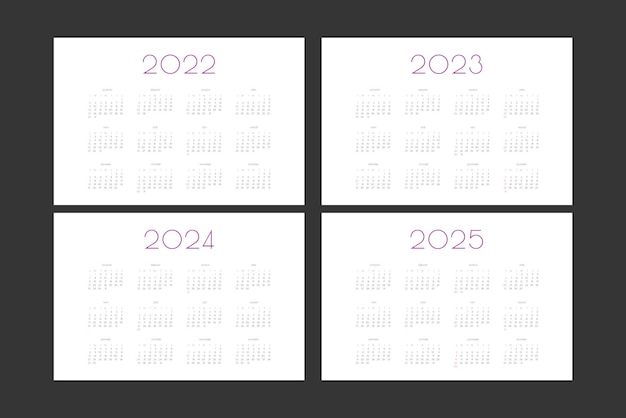 2022 2023 2024 2025 individuele kalendersjabloon in minimalistische trendy stijl Week begint op zondag