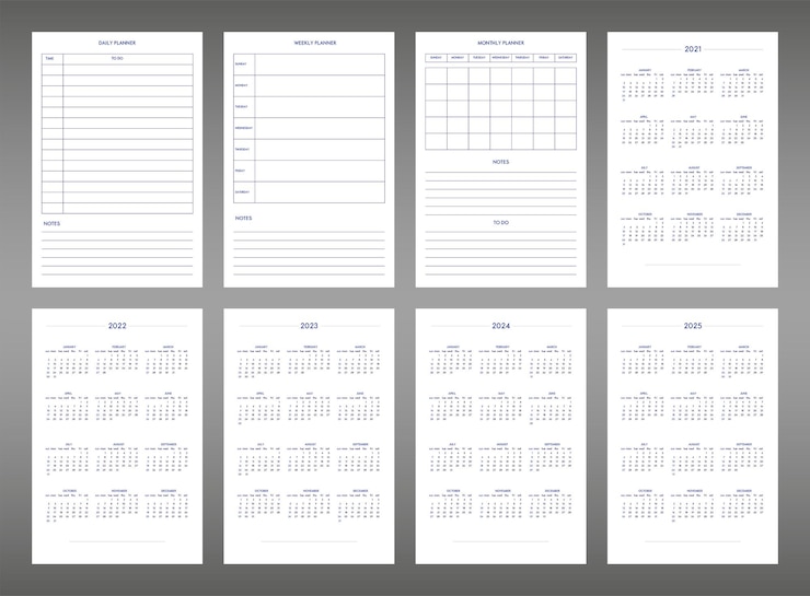 Vector 2022 2023 2024 2025 kalender dagelijks wekelijks maandelijks persoonlijke planner dagboeksjabloon in klassieke strikte stijl individueel schema in minimaal ingetogen zakelijk ontwerp week begint op zondag