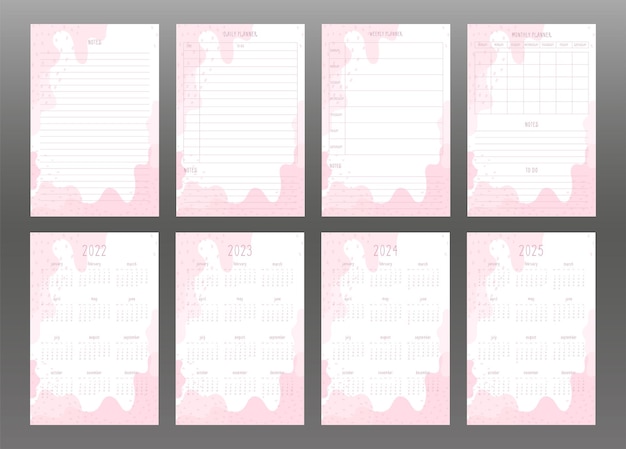 Vector 2022 2023 2024 2025 kalender en dagelijkse wekelijkse maandelijkse persoonlijke planner lichtroze abstracte vlekken en stippen delicate vrouwelijke stijl week begint op zondag