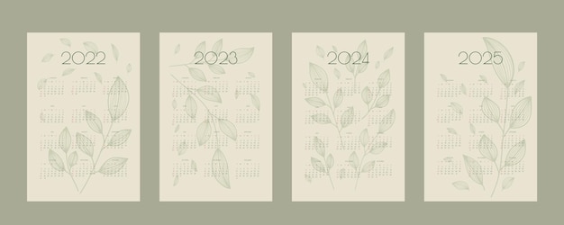 Vector 2022 2023 2024 2025 kalender met hand getrokken bladeren en takken planner organisator sjabloon in groene natuurlijke eco stijl verticaal formaat