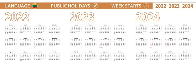 리투아니아어 주간의 2022 2023 2024년 벡터 달력은 일요일에 시작됩니다.