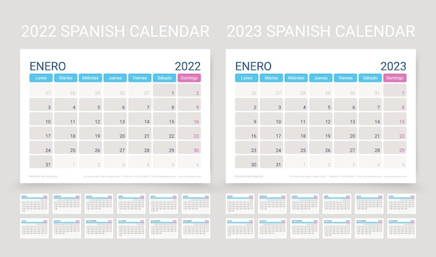 2022 2023 calendario spagnolo modello planner illustrazione vettoriale griglia del programma aziendale