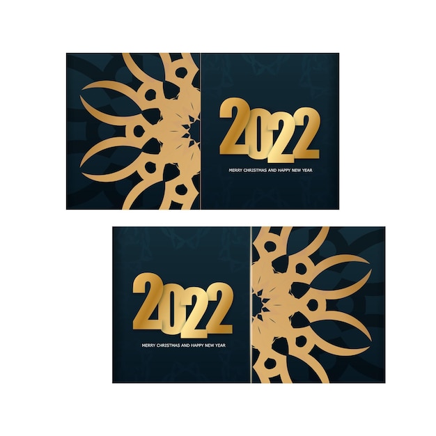 Vector 2022 ansichtkaart merry christmas donkerblauw met vintage gouden patroon