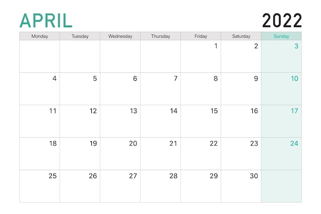 Недели настольного календаря на апрель 2022 года начинаются в понедельник в светло-зеленой и белой теме