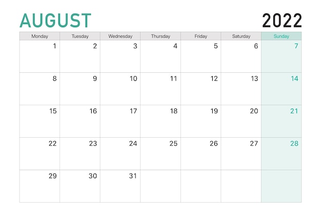 2022 August illustration vector desk calendar weeks start on Monday in light green and white theme