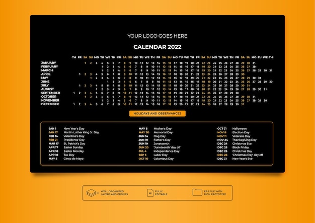 벡터 2022 블랙 앰프 옐로우 수평 데스크탑 캘린더