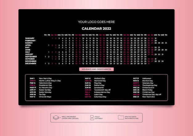 2022 black amp piggy pink horizontal desktop calendar