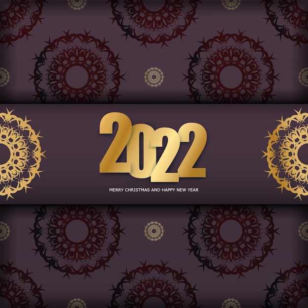 Vector 2022 brochure vrolijke kerst bordeaux kleur met winter gouden patroon