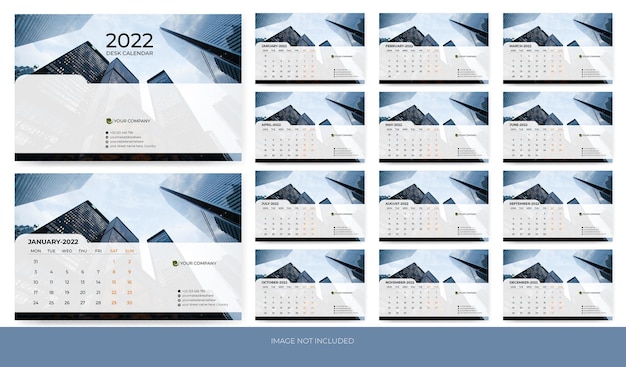 Vector 2022 bureaukalender met creatieve en dynamische premium vectorsjabloon bureau- en wandkalender