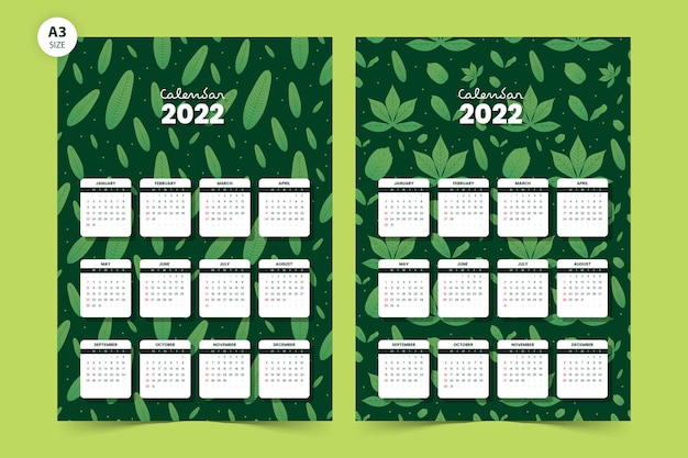 Design del calendario 2022 con sfondo senza cuciture foglia