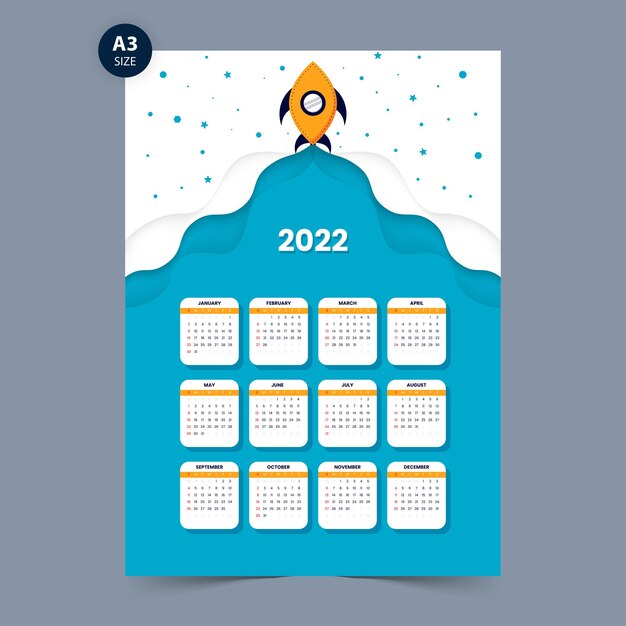 Disegno del calendario 2022 con illustrazione del razzo