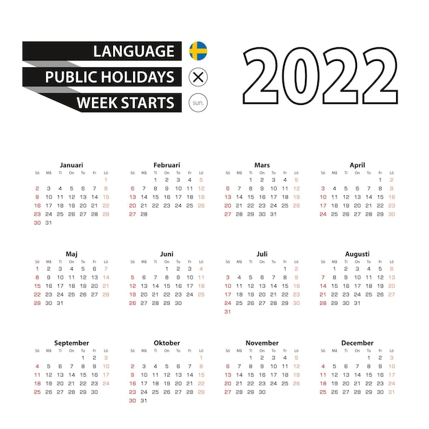스웨덴어로 된 2022년 달력, 주는 일요일부터 시작합니다.