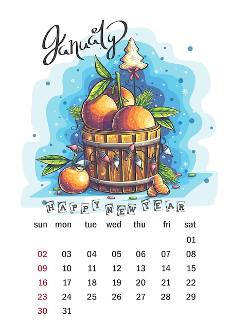 Vector 2022 calendar january. funny cartoon tangerines in a wooden barrel