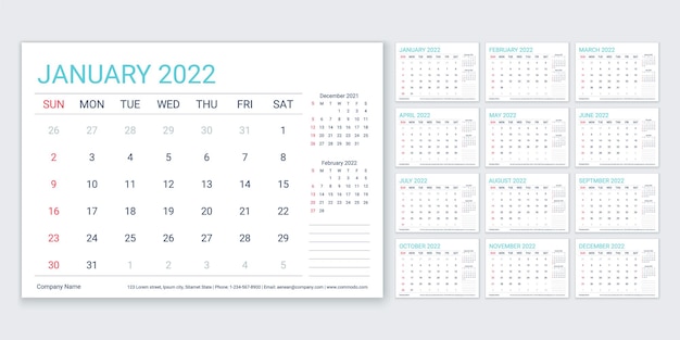 Calendario 2022. planner, modello di calendario. la settimana inizia domenica. vettore. organizzatore annuale.