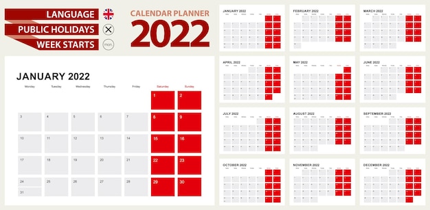 2022년 달력 플래너 디자인. 주는 월요일부터 시작