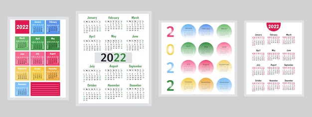 Set di calendario 2022. raccolta di modelli vettoriali. design semplice per decorare calendari da parete, alianti. la settimana inizia di domenica. sono elencate le festività negli stati uniti. illustrazione vettoriale