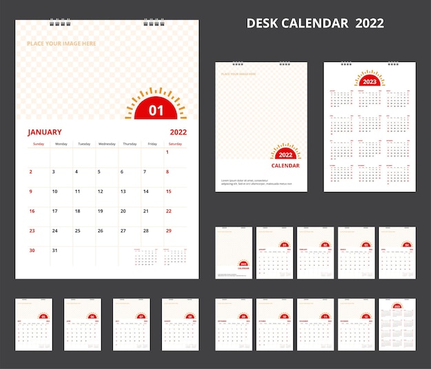 Calendario 2022. imposta il calendario da tavolo per il design aziendale del modello. inizio settimana di domenica.