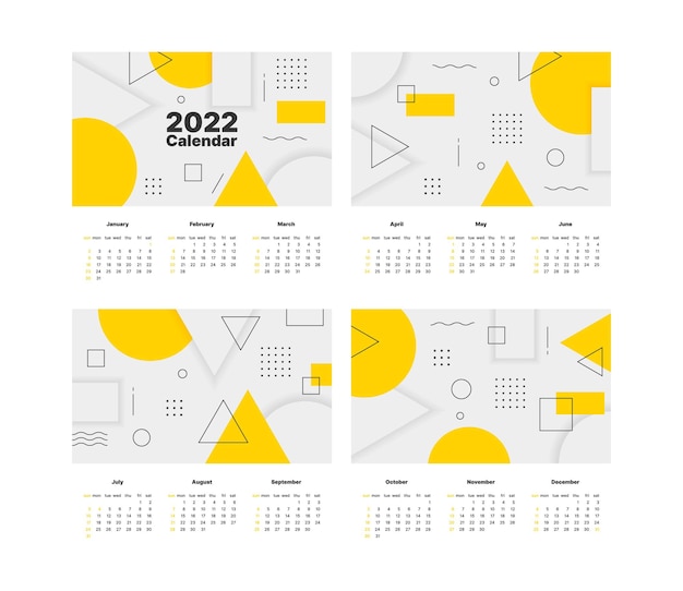 2022 달력 템플릿 다양한 디자인의 벽 달력 인쇄 디자인 숫자 화려한 벡터 일러스트