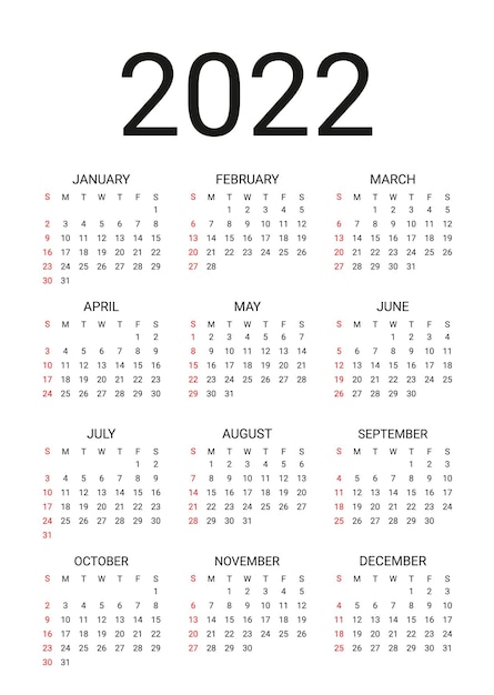 2022 Calendar. Vector Illustration. Wall Calender With 12 Month.