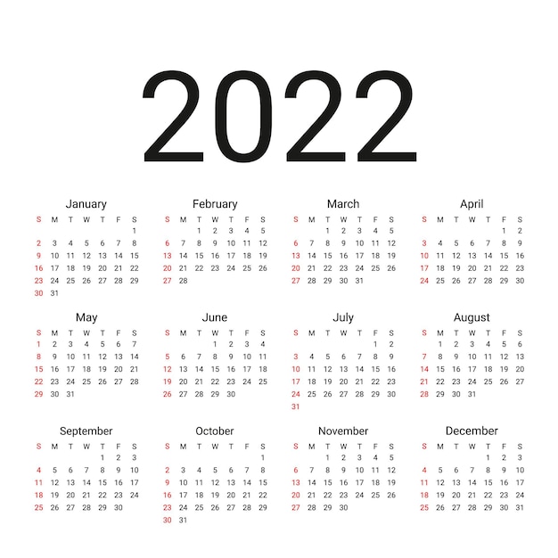 Calendario 2022. la settimana inizia domenica. layout del calendario semplice. modello di calendario da tavolo. vettore.