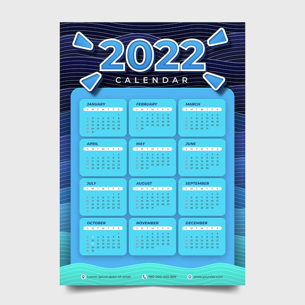 青い段階的な波のテクスチャと2022年のカレンダー