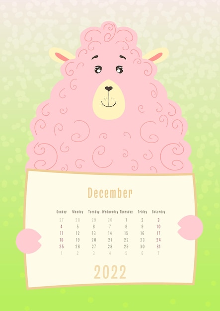 Calendario di dicembre 2022 carino ariete lama animale che tiene un foglio di calendario mensile disegnato a mano in stile infantile