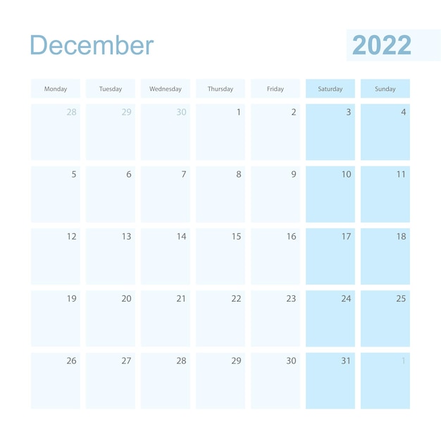 Vector 2022 december wall planner in blue pastel color, week starts on monday.