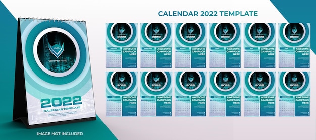 2022 desk calendar corporate template Set of 12 months  with white and blue color background