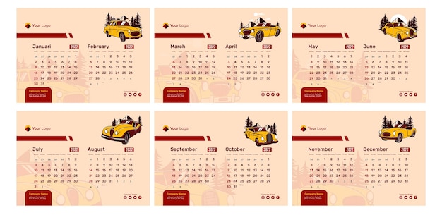 車のイラストと2022年の卓上カレンダーデザインテンプレート