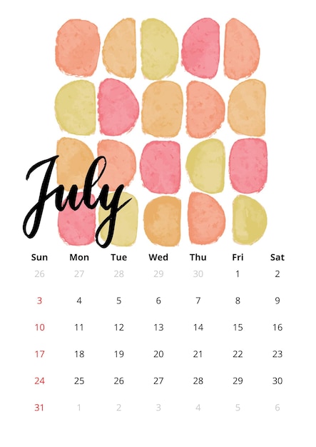 2022 engelse kalender juli. vectorillustratie van handgetekende aquarel met handgeschreven letters.