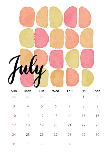 2022年7月の英語カレンダー。手書きのレタリングで手描き水彩画のベクトルイラスト。