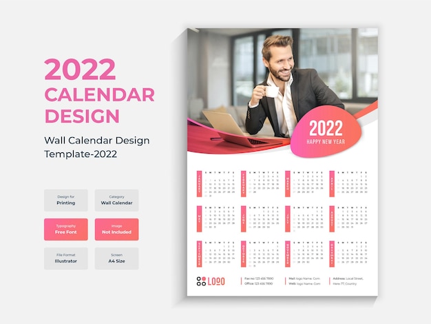 Vector 2022 enkele pagina wandkalender ontwerpsjabloon kleurrijke multifunctionele nieuwjaarskalender