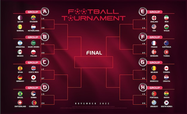 Vector 2022 final soccer cup logo football world tournament 2022 table of the qualification stage group a b c d e f g h teams logo and flag on background vector illustration