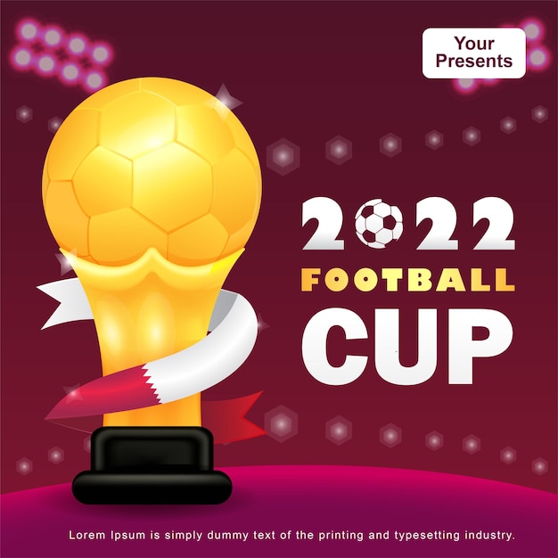 2022 Football Cup 3d illustration golden ball trophy with ribbon