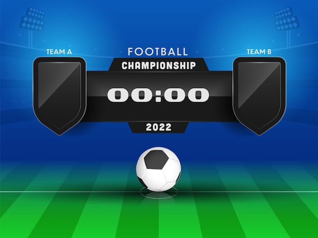 Vector 2022 football match scoreboard with empty shield of participating country team a vs b on blue and green stadium background