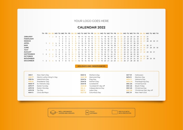 Vector 2022 gele horizontale desktopkalender