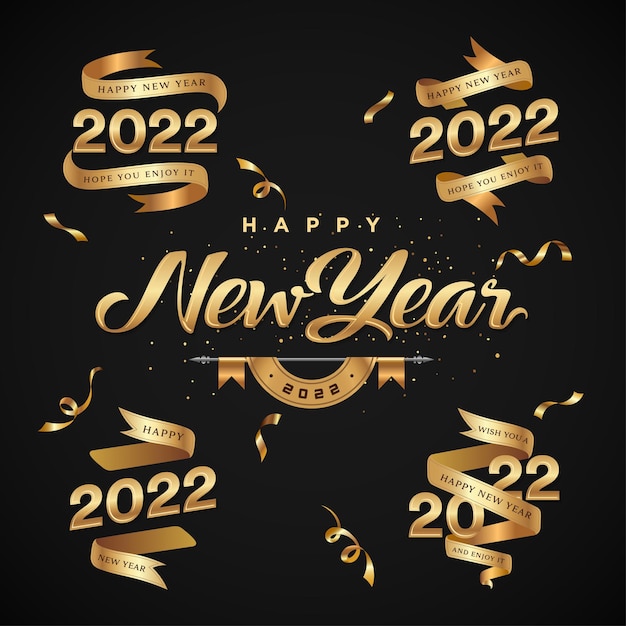 2022 gelukkig nieuwjaar. gelukkig nieuwjaar banner met gouden lint. donkere luxe achtergrond. vectorillustratie. gratis vector