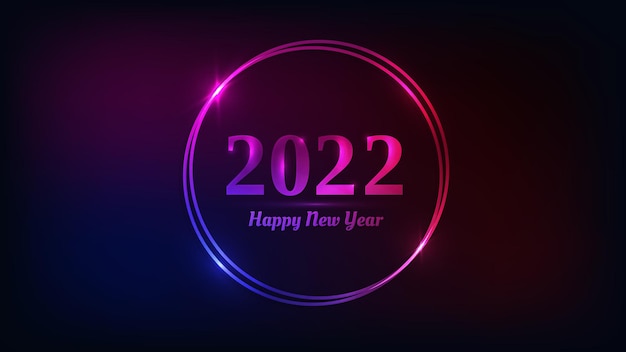 2022 Gelukkig Nieuwjaar neon achtergrond. Neon dubbel rond frame met glanzende effecten voor kerstvakantie wenskaart, flyers of posters. vector illustratie
