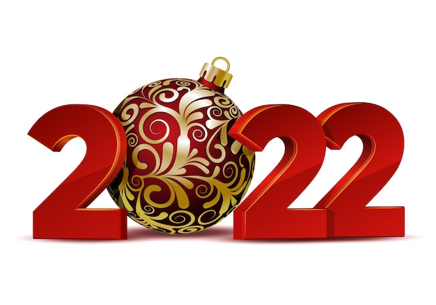 Vector 2022 gelukkig nieuwjaar. red numbers design van wenskaart met rode kerstbal. vakantie vectorillustratie.