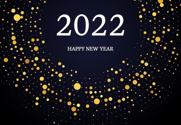 2022 Gelukkig nieuwjaar van gouden glitterpatroon in cirkelvorm. Abstracte gouden gloeiende halftone gestippelde achtergrond voor kerstvakantie wenskaart op donkere achtergrond. vector illustratie