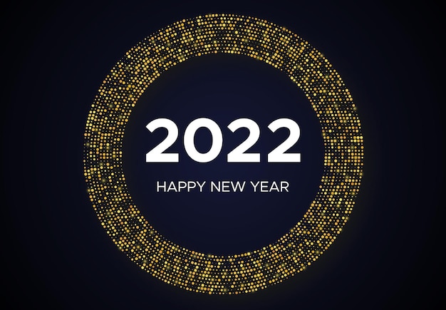 2022 Gelukkig nieuwjaar van gouden glitterpatroon in cirkelvorm. Abstracte gouden gloeiende halftone gestippelde achtergrond voor kerstvakantie wenskaart op donkere achtergrond. vector illustratie
