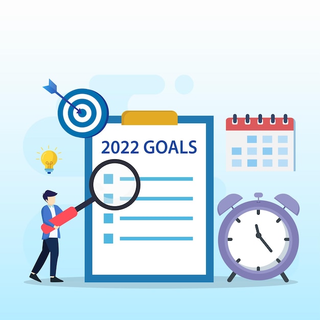 Vector 2022 goals vector concept business people showing 2022 goals list flat vector