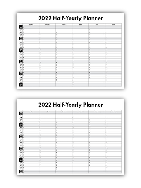 Vettore planner semestrale 2022 schema in bianco e nero