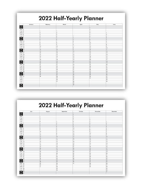 2022 halfyearly planner black and white outline