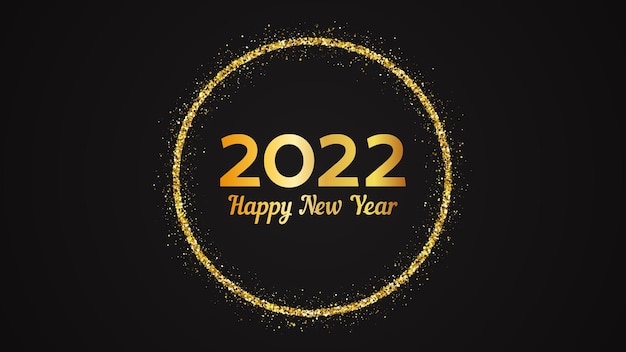 2022 happy new year background. gold inscription in a gold glitter circle for christmas holiday greeting card, flyers or posters. vector illustration