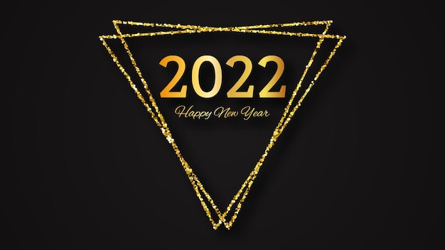 2022 Happy New Year background. Gold inscription in a gold glitter triangle for Christmas holiday greeting card, flyers or posters. Vector illustration