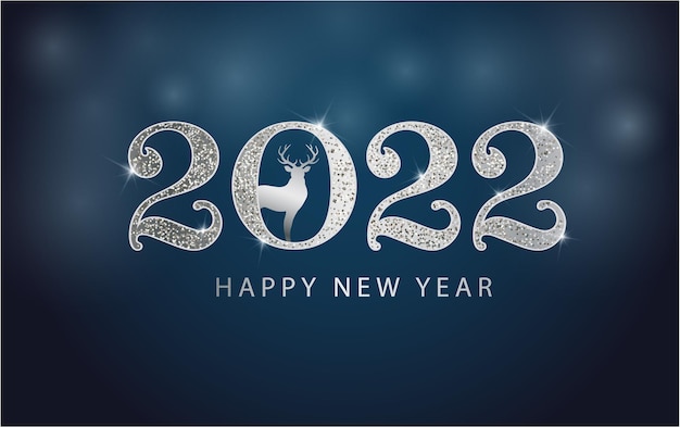 Vector 2022 happy new year background silver glitter number with christmas deer