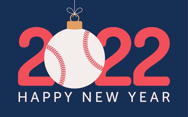 2022 felice anno nuovo baseball illustrazione vettoriale. biglietto di auguri per lo sport 2022 in stile piatto con una palla da baseball sullo sfondo colorato. illustrazione vettoriale.