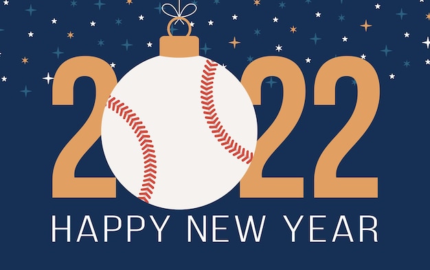 2022 happy new year baseball vector illustration. flat style\
sports 2022 greeting card with a baseball ball on the color\
background. vector illustration.