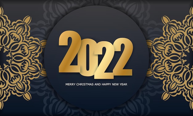 2022 happy new year black color flyer with vintage gold ornament